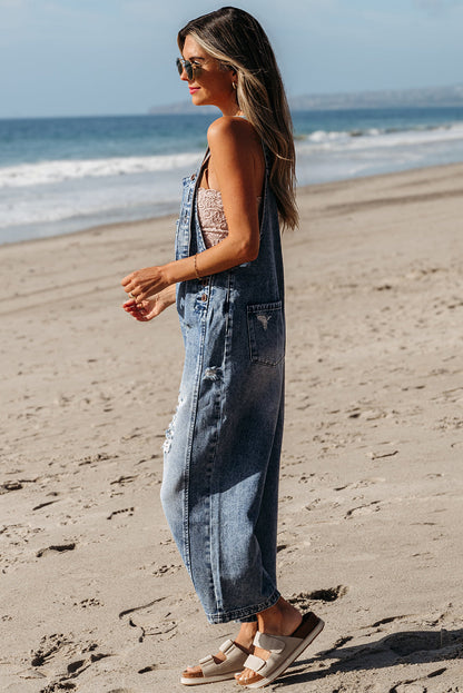 Baylor Distressed Bib Pocket Wide Leg Denim Overall-3