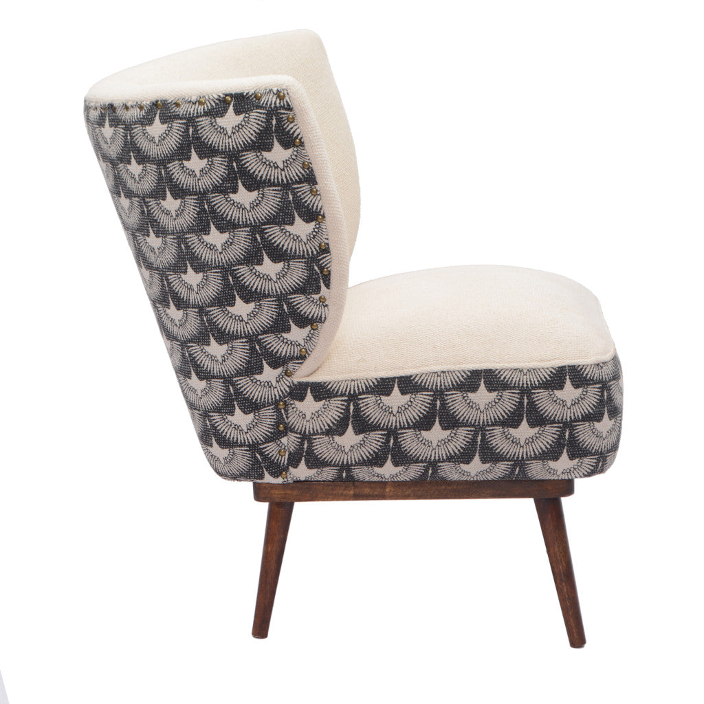 30" Cream Charcoal and Brown Geometric Tufted Wingback Chair-5