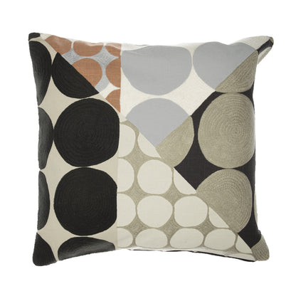 20" Beige and Black Geometric Cotton Throw Pillow With Embroidery-1