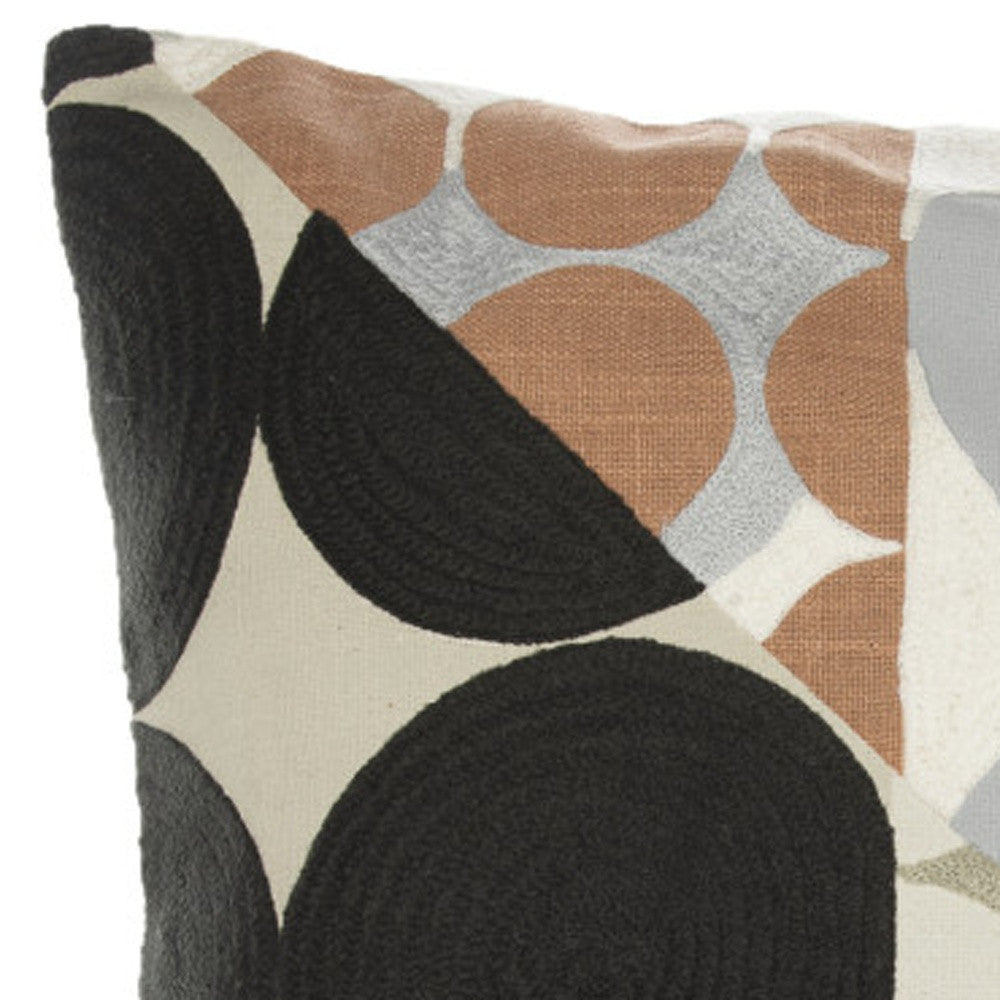 20" Beige and Black Geometric Cotton Throw Pillow With Embroidery-7