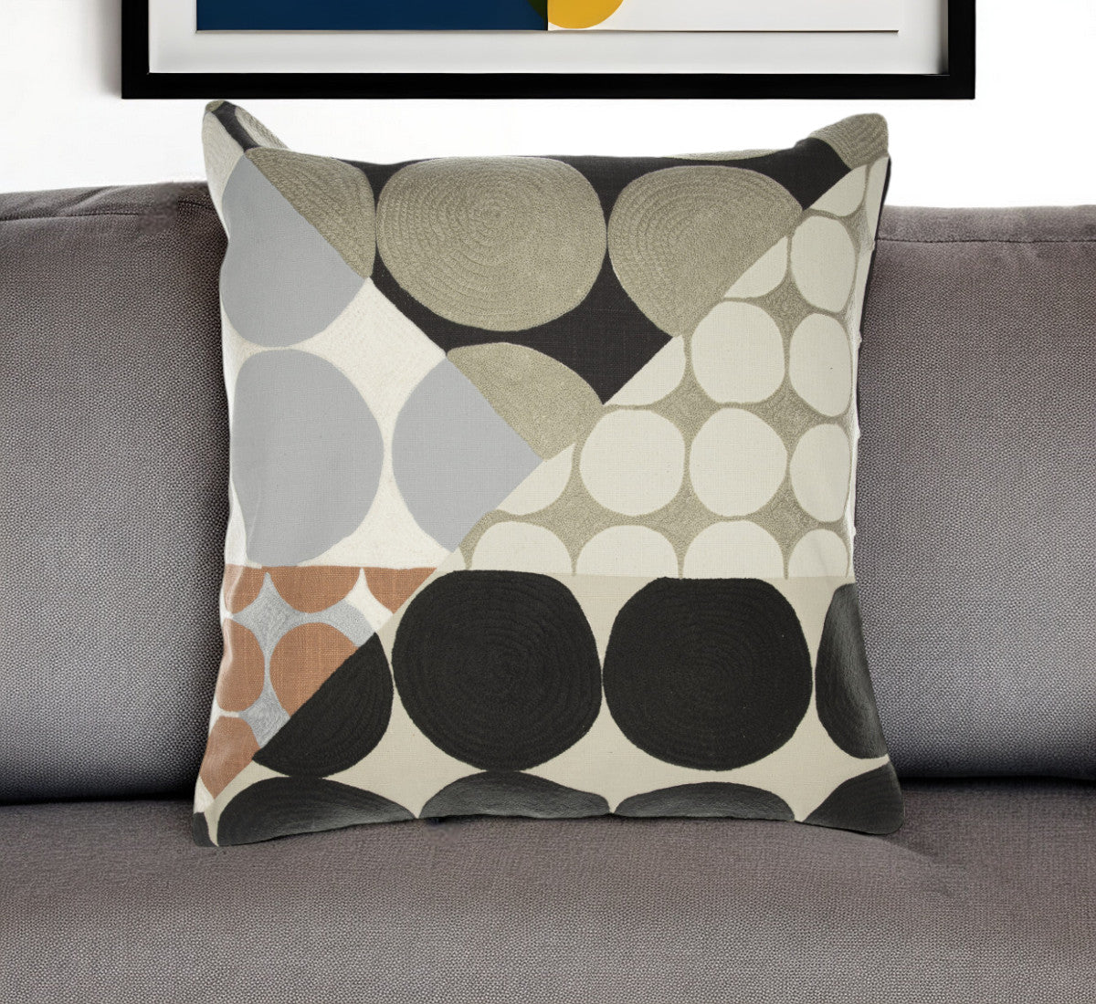 20" Beige and Black Geometric Cotton Throw Pillow With Embroidery-0