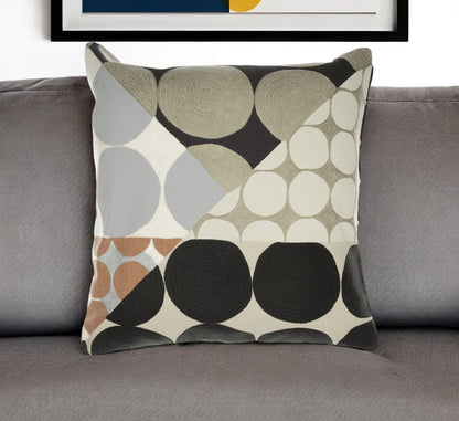 20" Beige and Black Geometric Cotton Throw Pillow With Embroidery-0