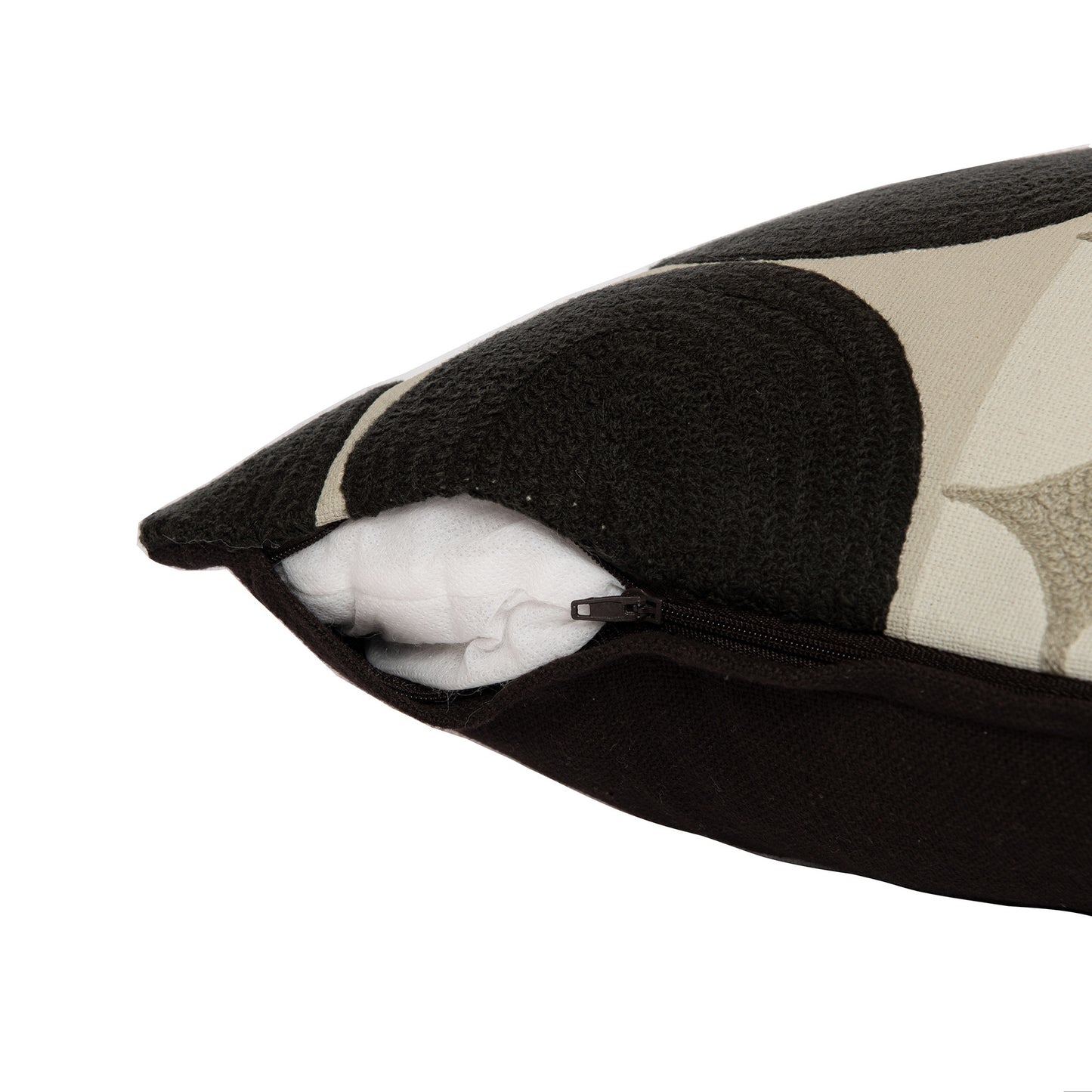 20" Beige and Black Geometric Cotton Throw Pillow With Embroidery-4