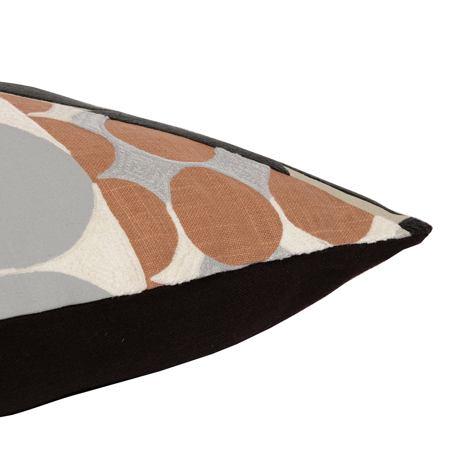 20" Beige and Black Geometric Cotton Throw Pillow With Embroidery-3