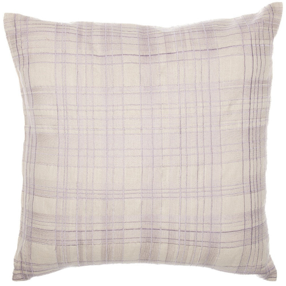 24" Ivory Check Cotton Blend Throw Pillow With Embroidery-7
