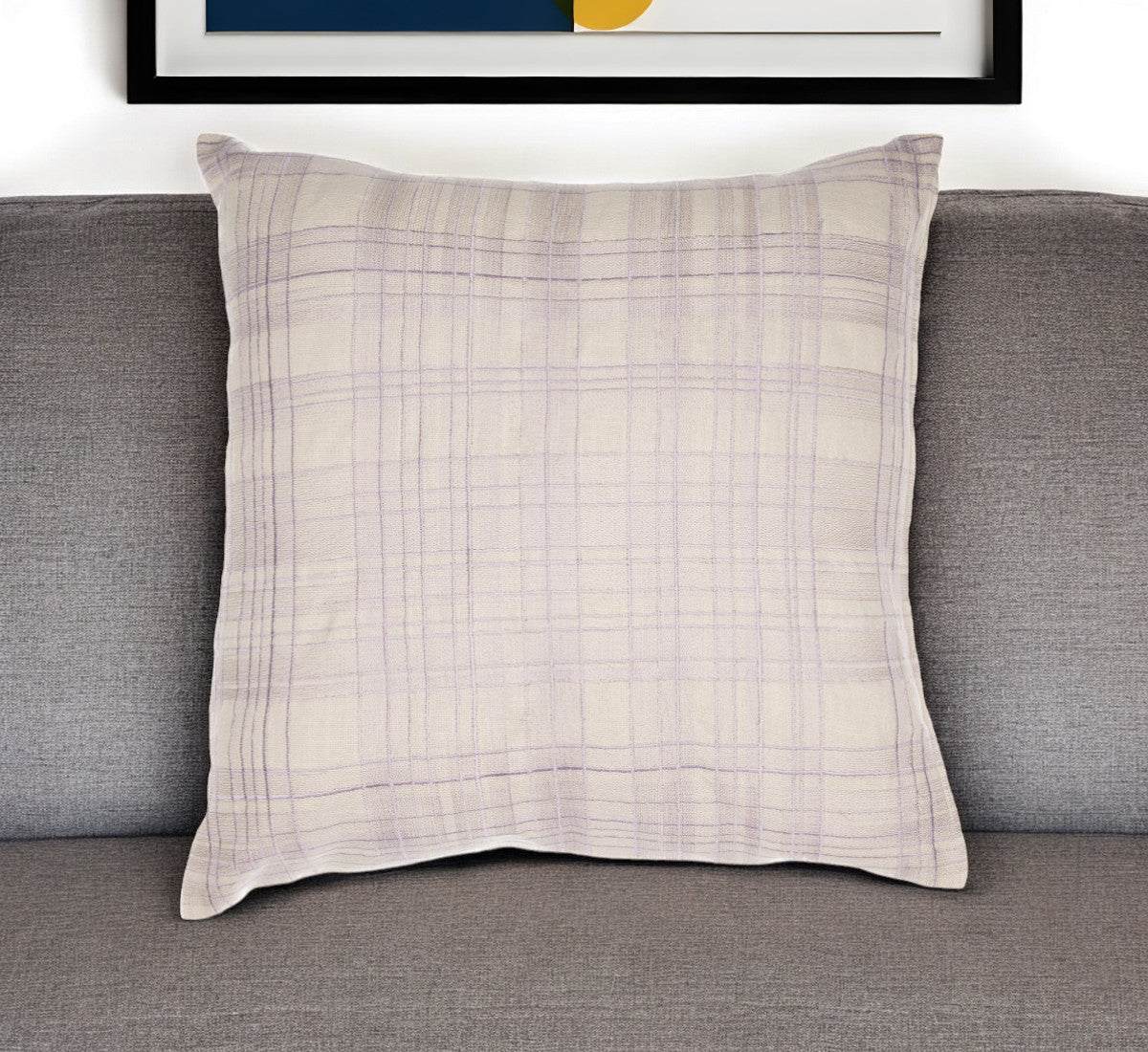 24" Ivory Check Cotton Blend Throw Pillow With Embroidery-0