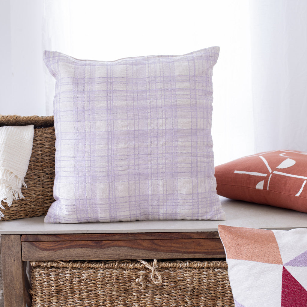 24" Ivory Check Cotton Blend Throw Pillow With Embroidery-8