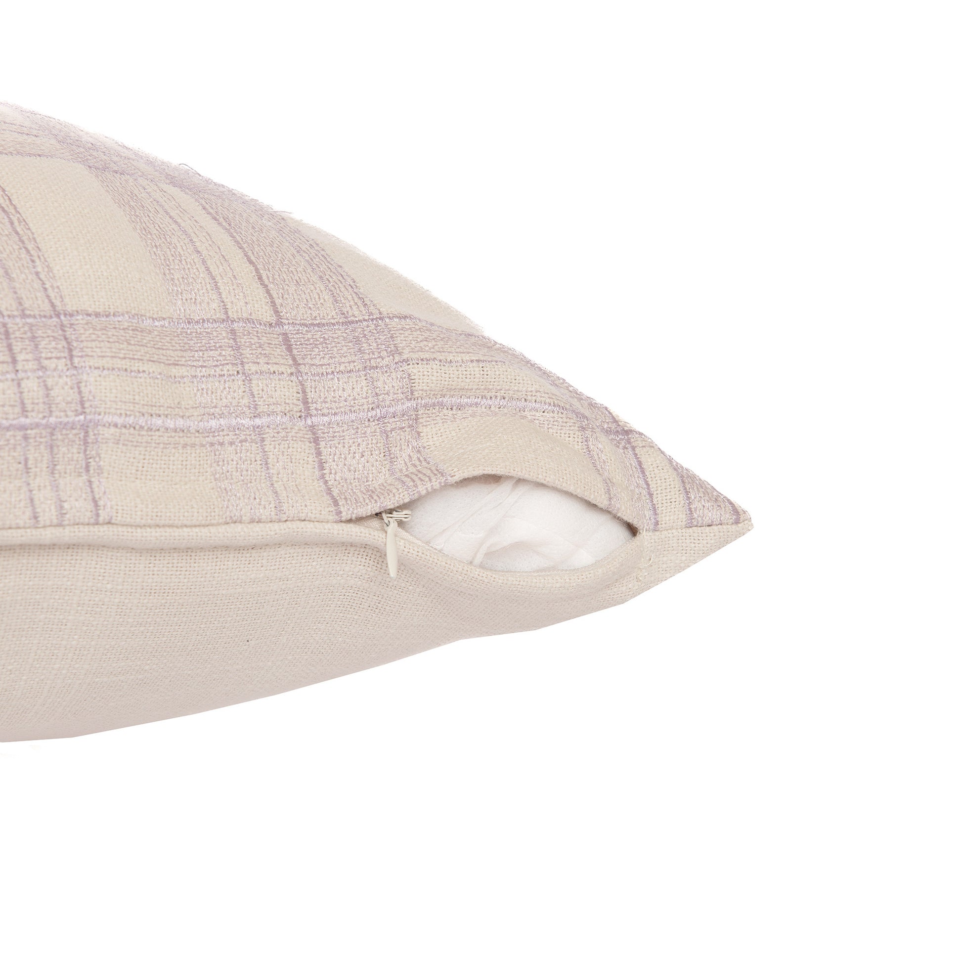 24" Ivory Check Cotton Blend Throw Pillow With Embroidery-4