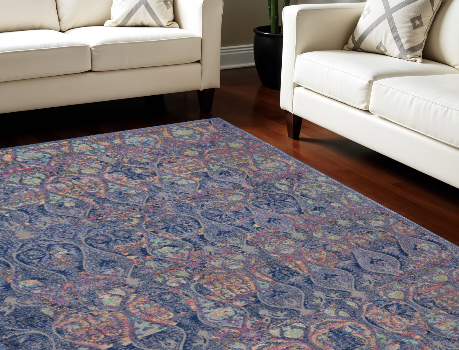8' X 10' Navy Blue and Orange Ogee Distressed Non Skid Area Rug-1