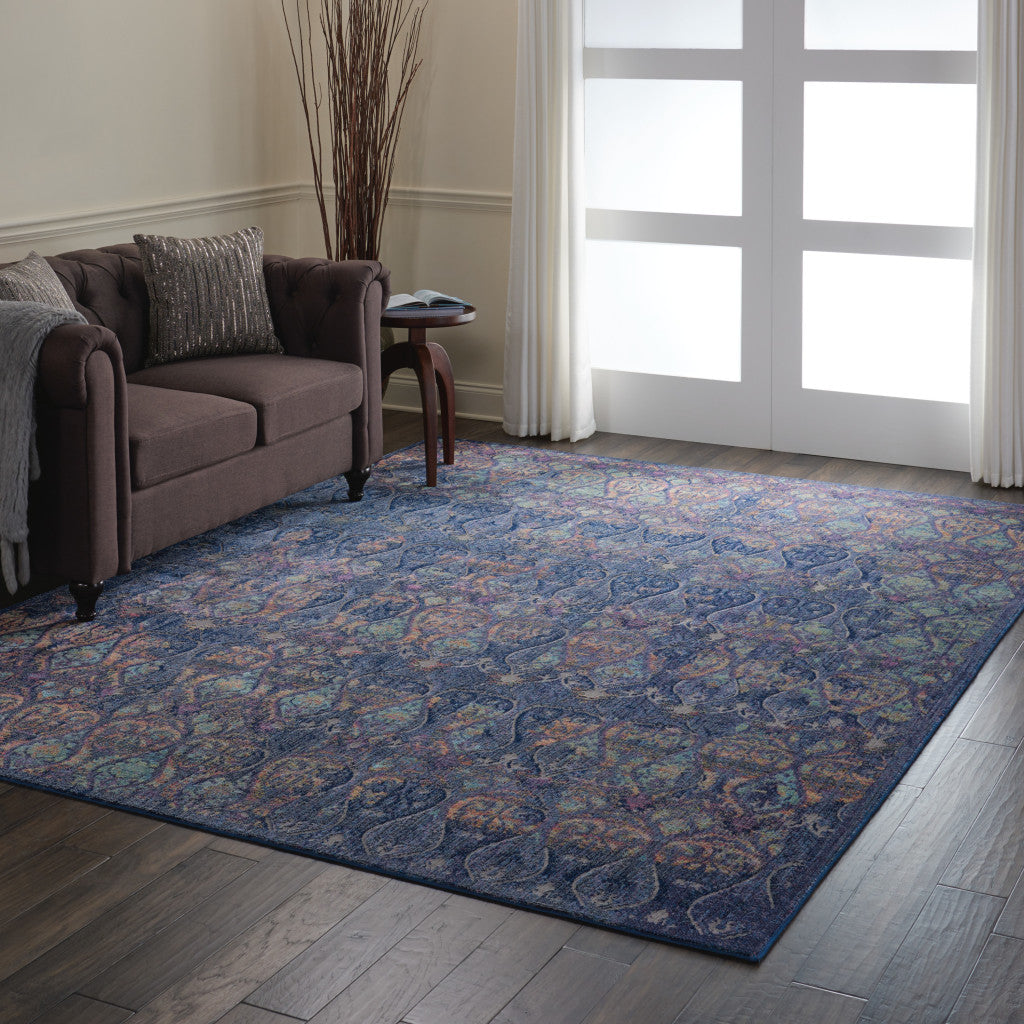 8' X 10' Navy Blue and Orange Ogee Distressed Non Skid Area Rug-5