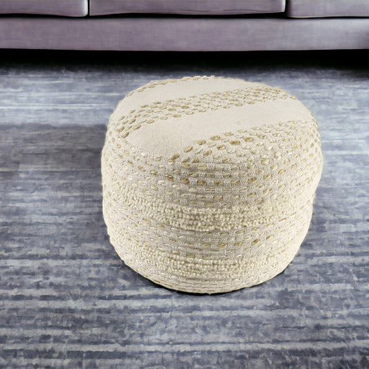 18" Natural And Ivory Cotton Blend Round Striped Pouf Ottoman-0