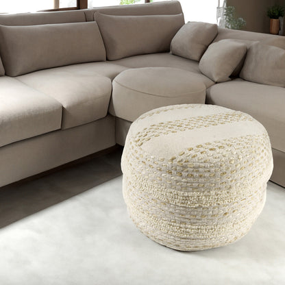 18" Natural And Ivory Cotton Blend Round Striped Pouf Ottoman-7