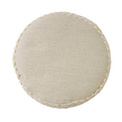 18" Natural And Ivory Cotton Blend Round Striped Pouf Ottoman-3