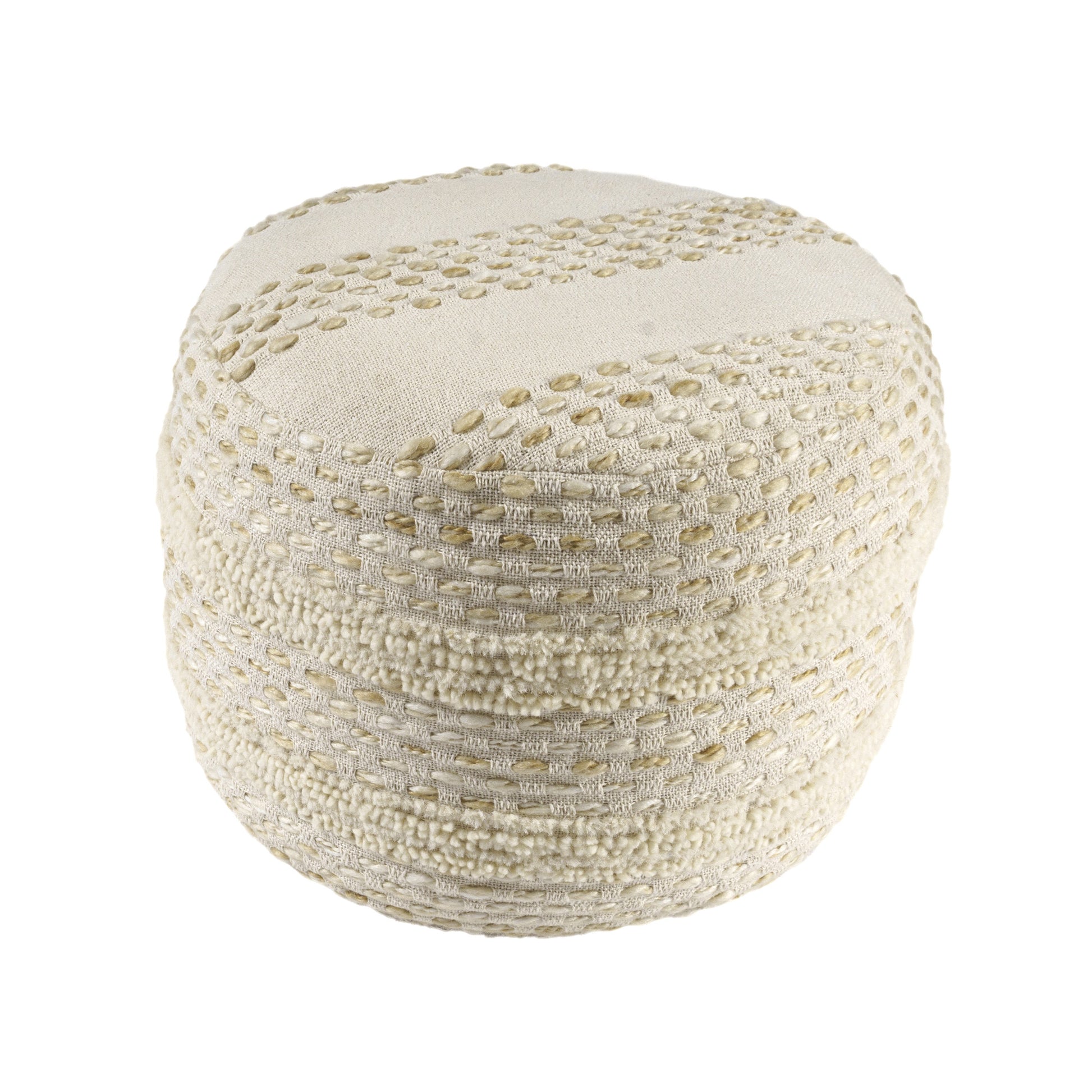 18" Natural And Ivory Cotton Blend Round Striped Pouf Ottoman-4