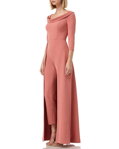 Kay Unger Scoop Neck 3/4 Sleeve Lapel Collar Solid Stretch Crepe Jumpsuit-1