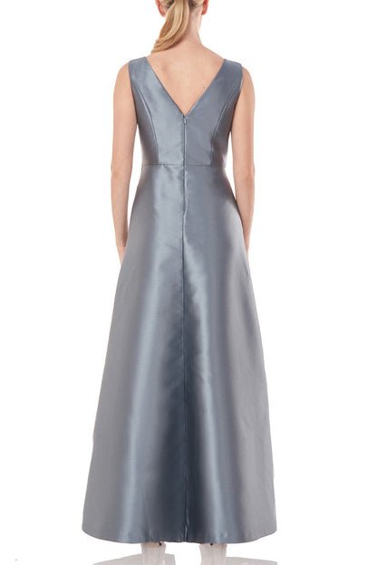 Kay Unger Boat Neck Sleeveless Pleated Zipper Back Walk-Through Twill Jumpsuit, Stretch Crepe Ankle Length Pant with Pockets-2