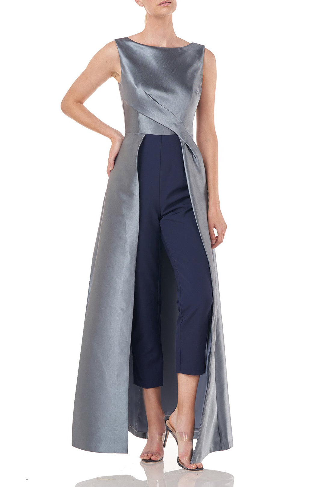 Kay Unger Boat Neck Sleeveless Pleated Zipper Back Walk-Through Twill Jumpsuit, Stretch Crepe Ankle Length Pant with Pockets-0
