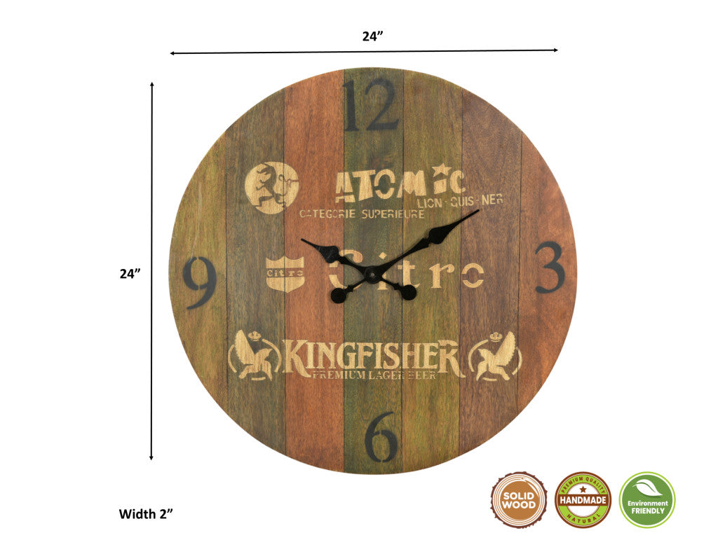 24" Brown Solid Wood Silent Analog Round Wall Clock-5