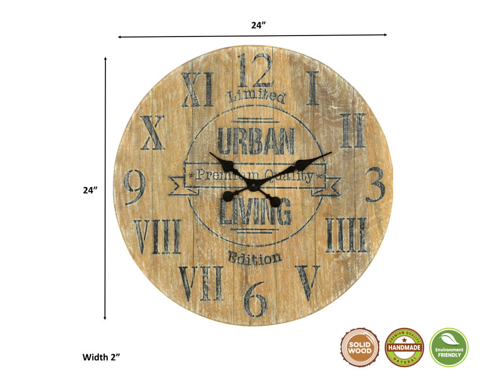 24" Natural Distressed Solid Wood Silent Analog Round Wall Clock-6