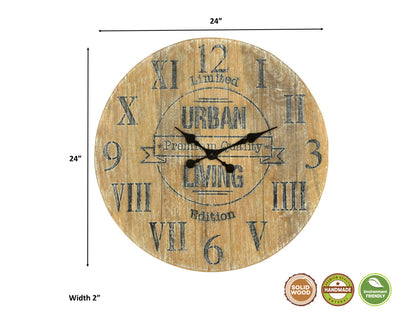 24" Natural Distressed Solid Wood Silent Analog Round Wall Clock-6
