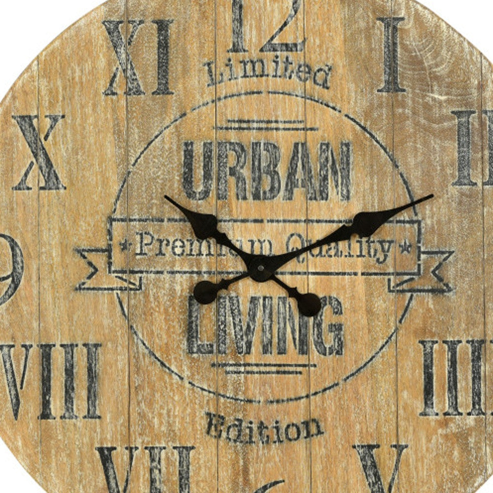 24" Natural Distressed Solid Wood Silent Analog Round Wall Clock-4