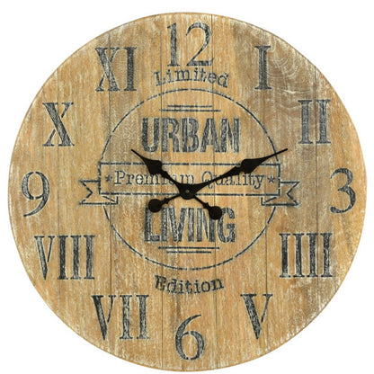 24" Natural Distressed Solid Wood Silent Analog Round Wall Clock-3