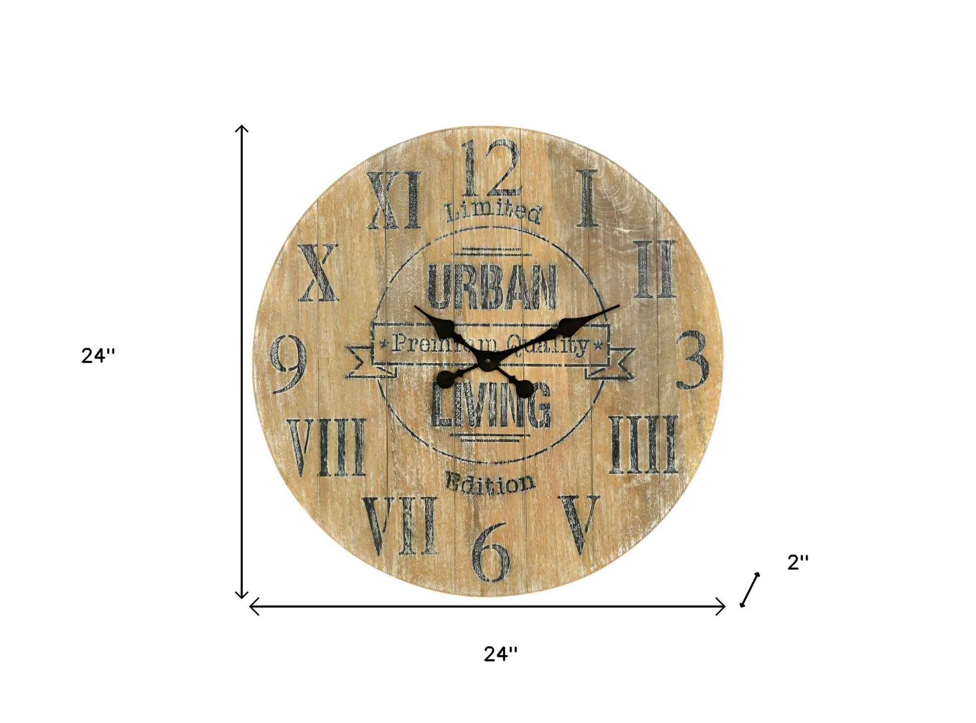 24" Natural Distressed Solid Wood Silent Analog Round Wall Clock-5
