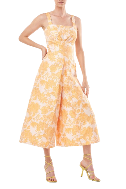 Kay Unger Sleeveless Square Neck Empire Waist Floral Two-Tone Jacquard Jumpsuit with Pockets-0