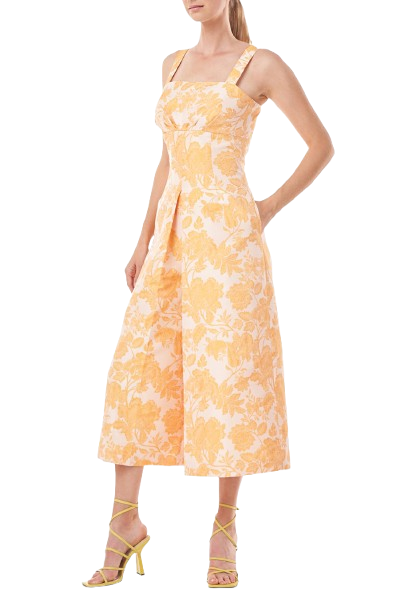 Kay Unger Sleeveless Square Neck Empire Waist Floral Two-Tone Jacquard Jumpsuit with Pockets-1