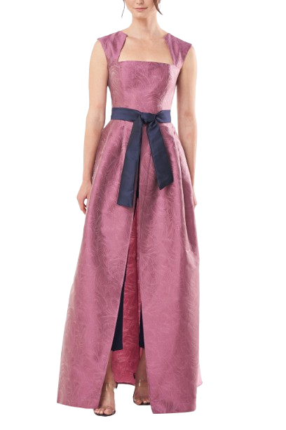 Kay Unger Square Neck Sleeveless Tie Waist Zipper Back Mikado Walk Through Jumpsuit With Stretch Crepe Pant-0