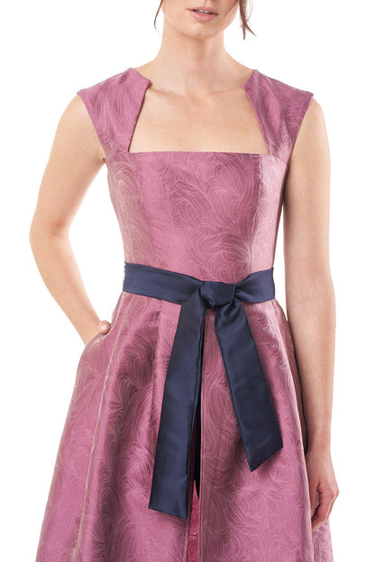 Kay Unger Square Neck Sleeveless Tie Waist Zipper Back Mikado Walk Through Jumpsuit With Stretch Crepe Pant-3
