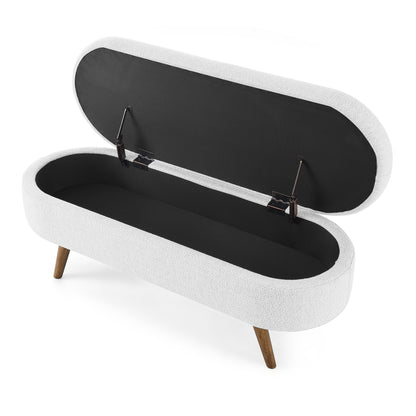 44" White and Brown Linen Upholstered Storage Bench with Flip Top-4