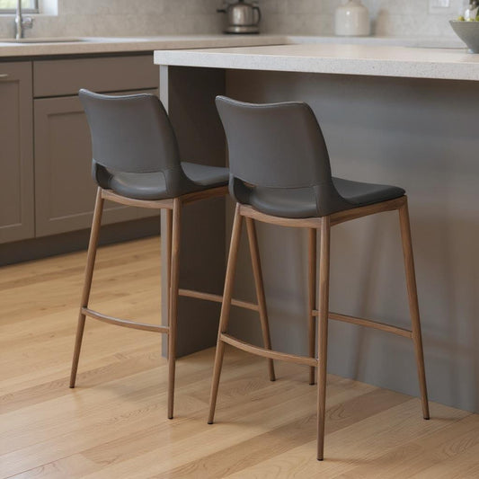Set of Two 29" Dark Gray and Walnut Faux Leather and Steel Low Back Counter Height Bar Chairs-0