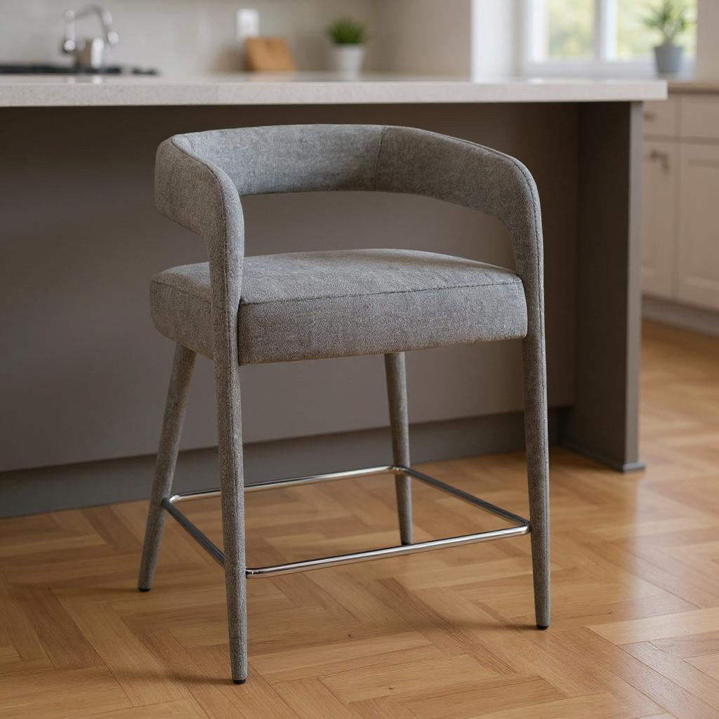 25" Gray Metal and Fabric Low Back Counter Height Bar Chair-0