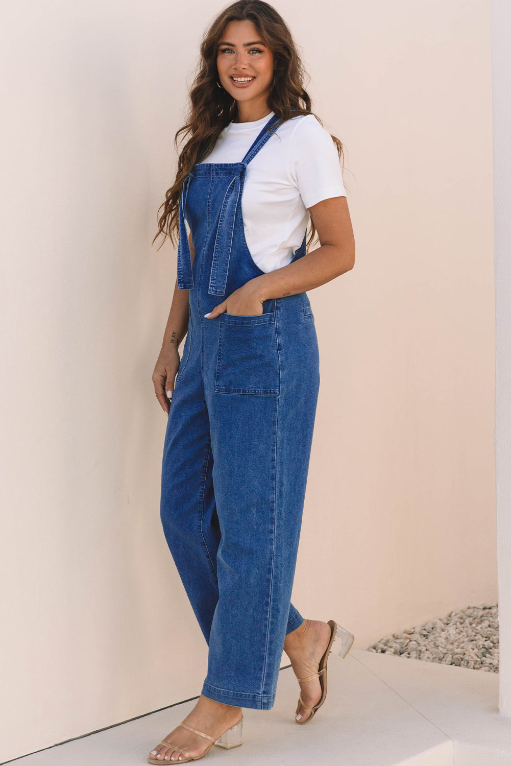 Elodie Knotted Strap Wide Leg Denim Overalls-2