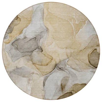 8' Round Brown Round Abstract Washable Non Skid Indoor Outdoor Area Rug-3