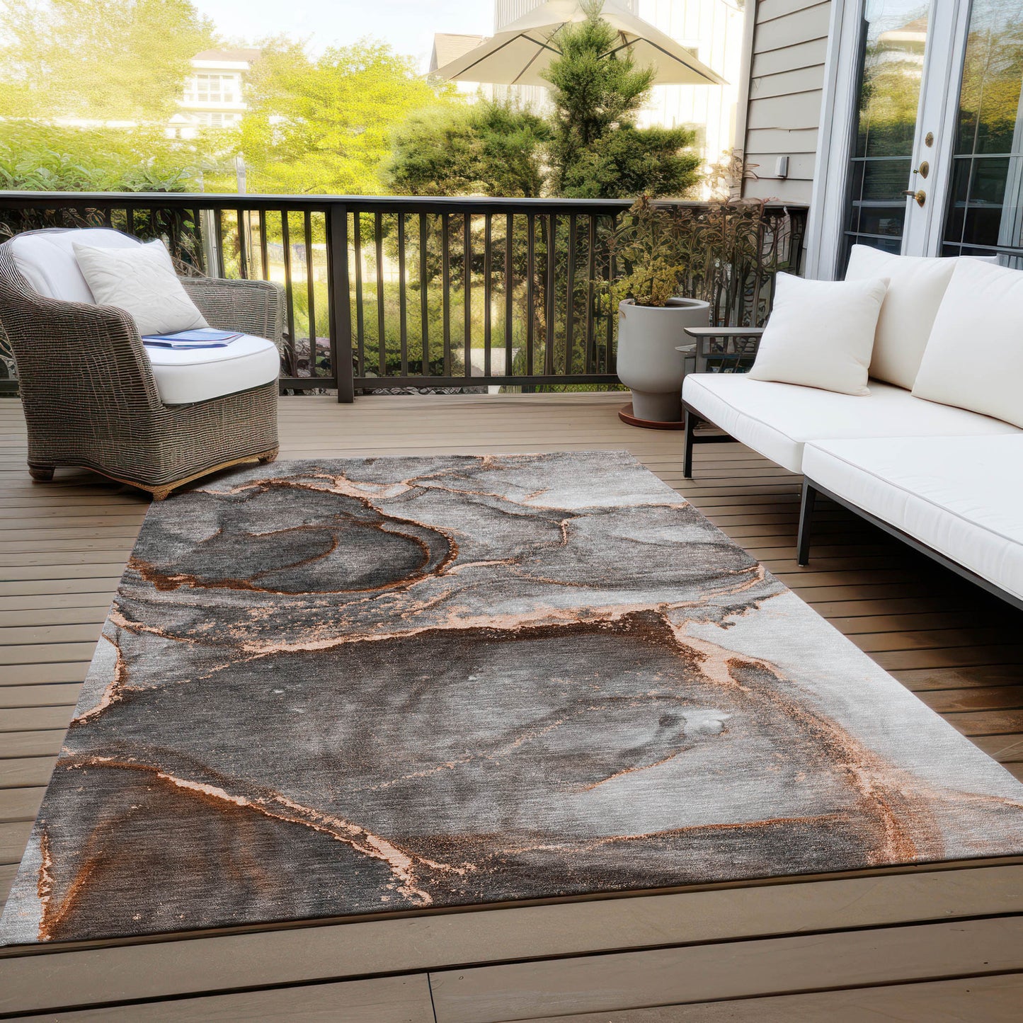 5' X 8' Peach Abstract Washable Non Skid Indoor Outdoor Area Rug-7