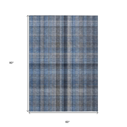 5' X 8' Blue Plaid Washable Non Skid Indoor Outdoor Area Rug-2