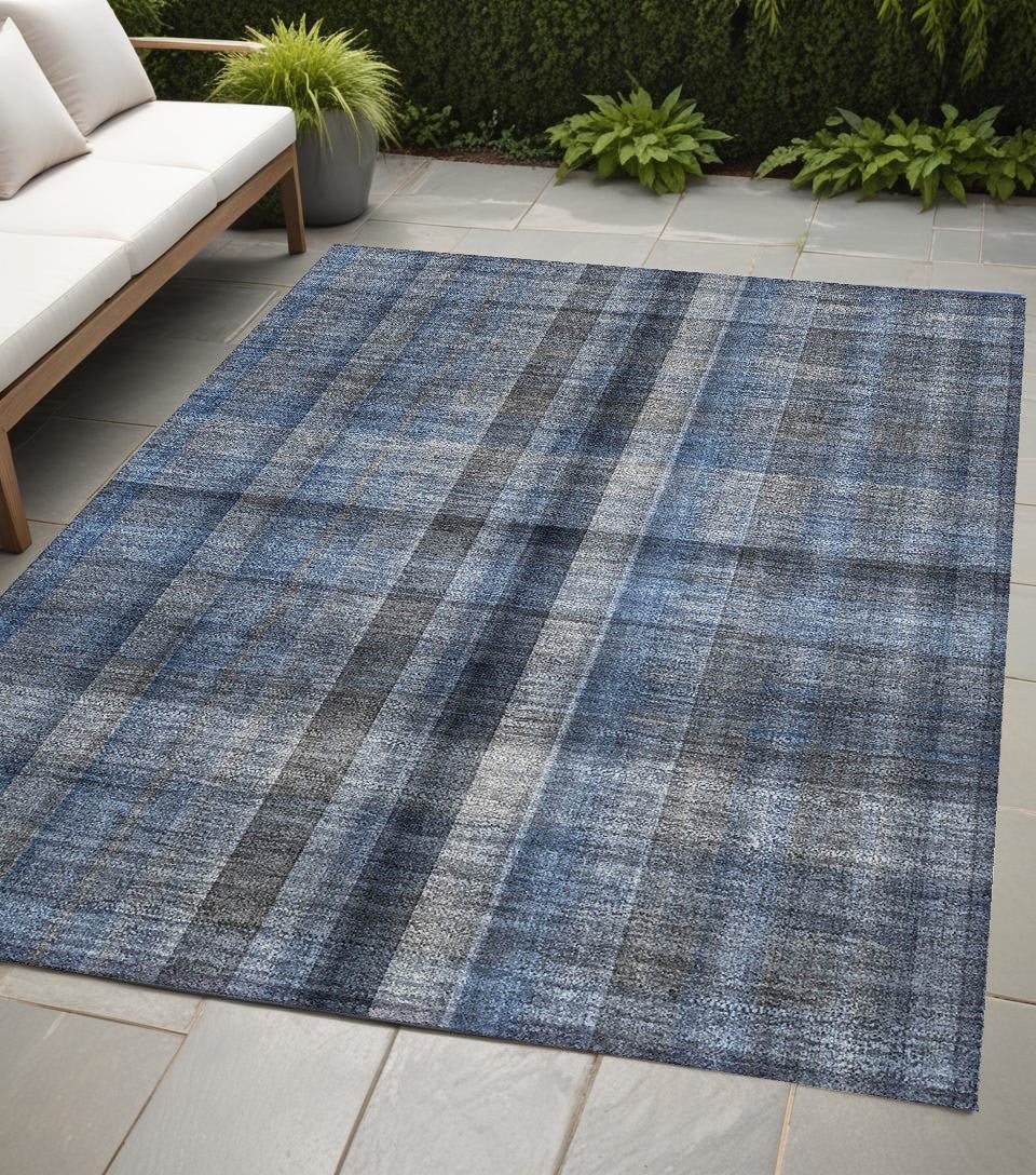 5' X 8' Blue Plaid Washable Non Skid Indoor Outdoor Area Rug-0