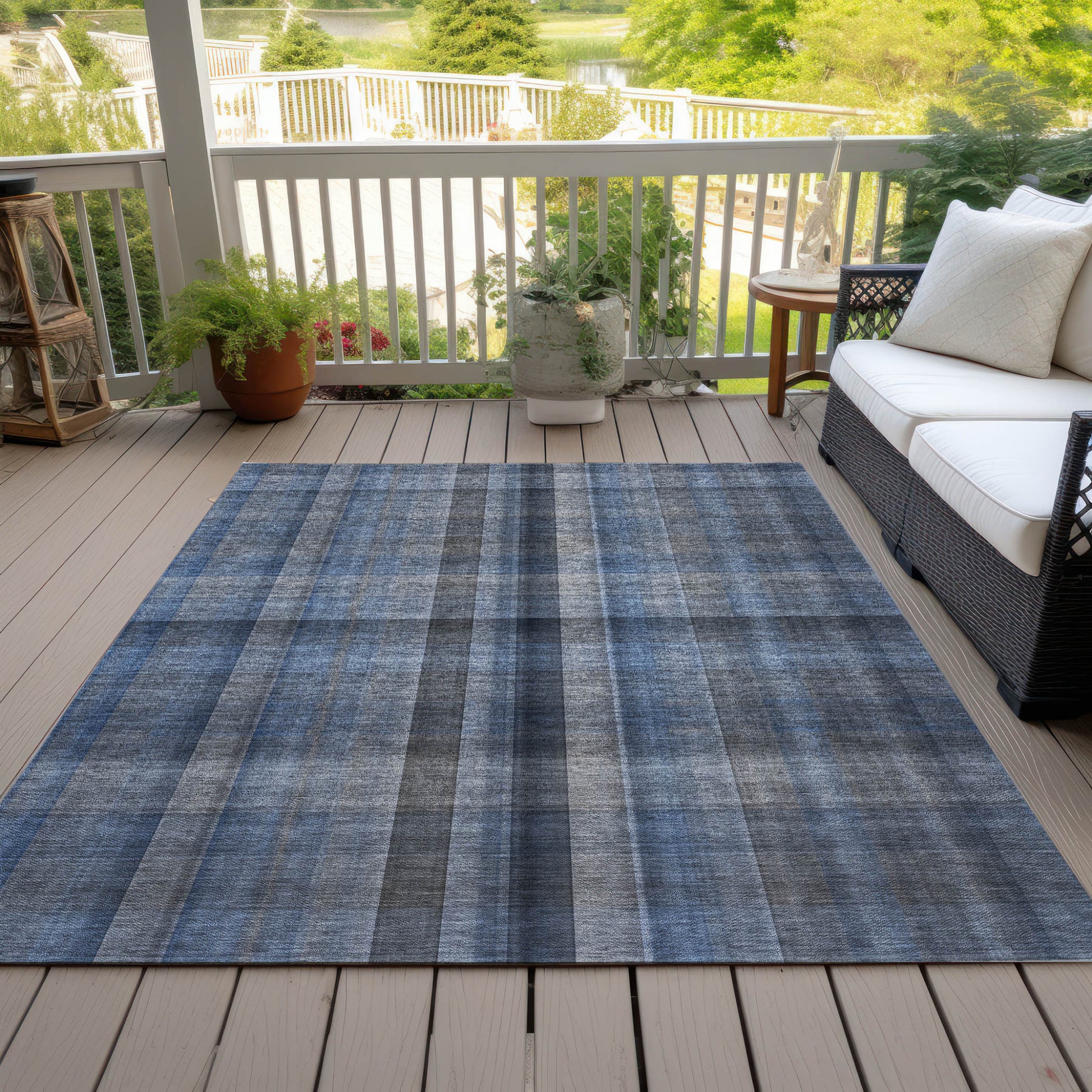 5' X 8' Blue Plaid Washable Non Skid Indoor Outdoor Area Rug-7