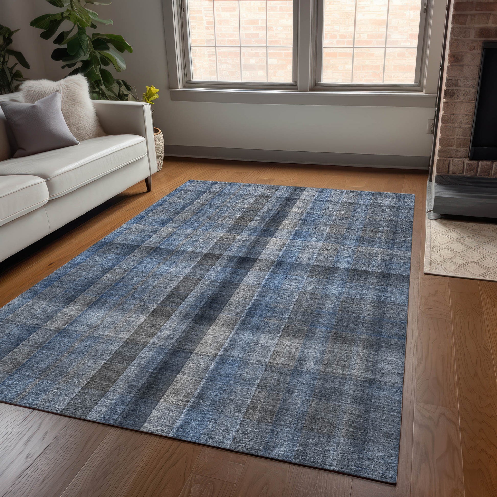 5' X 8' Blue Plaid Washable Non Skid Indoor Outdoor Area Rug-8