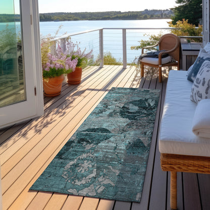 2' X 8' Teal and Gray Abstract Washable Indoor Outdoor Runner Rug-6