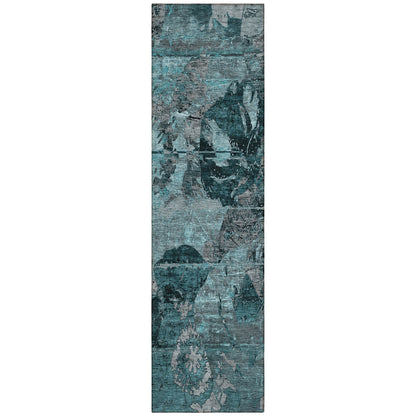 2' X 8' Teal and Gray Abstract Washable Indoor Outdoor Runner Rug-1