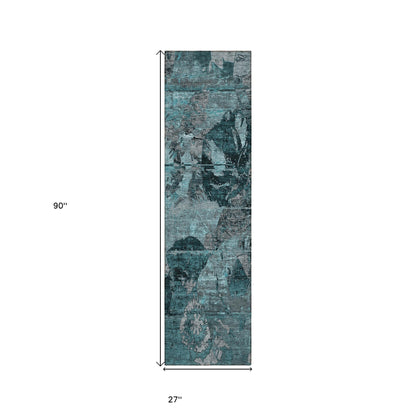 2' X 8' Teal and Gray Abstract Washable Indoor Outdoor Runner Rug-2