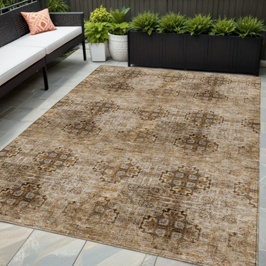5' X 8' Taupe Floral Medallion Washable Non Skid Indoor Outdoor Area Rug-0