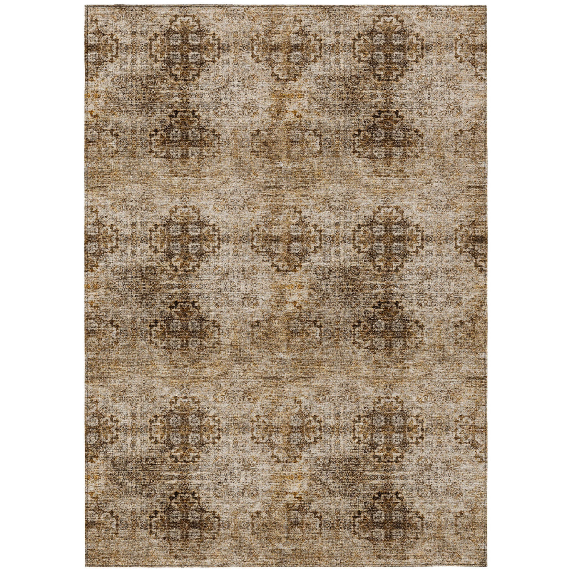 5' X 8' Taupe Floral Medallion Washable Non Skid Indoor Outdoor Area Rug-1