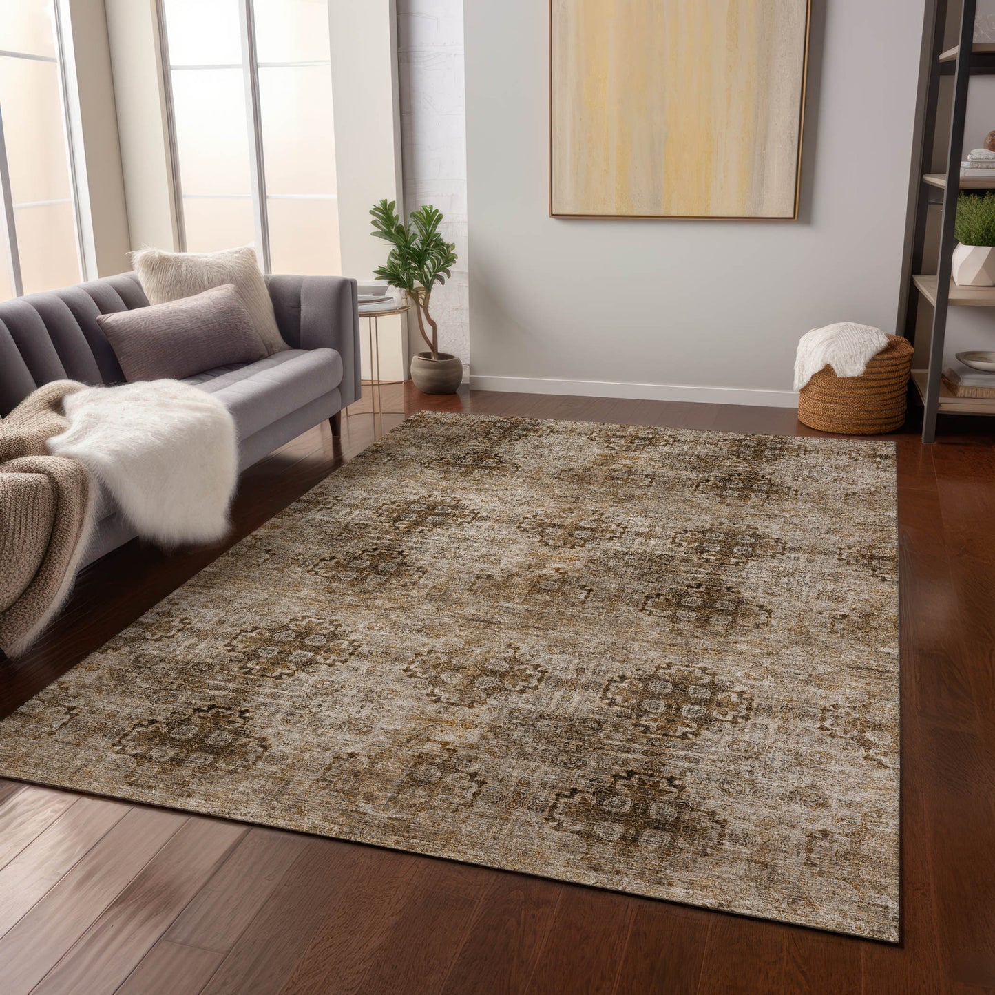 5' X 8' Taupe Floral Medallion Washable Non Skid Indoor Outdoor Area Rug-7