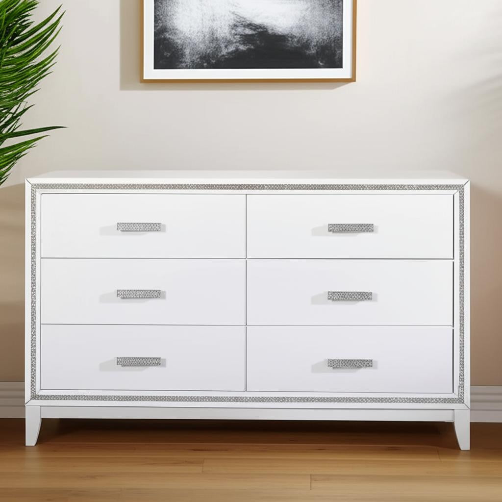63" White And Silver Faux Crystal Bling Wood Six Drawer Double Dresser-0