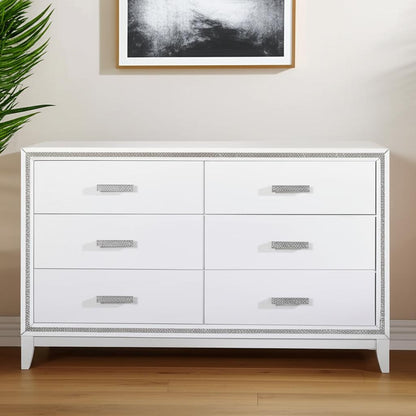 63" White And Silver Faux Crystal Bling Wood Six Drawer Double Dresser-0