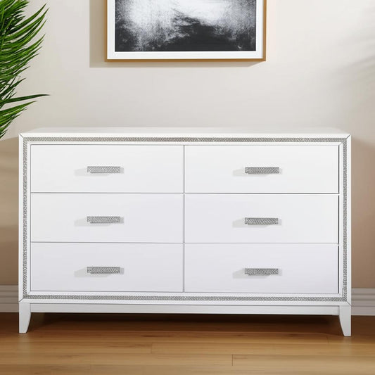 63" White And Silver Faux Crystal Bling Wood Six Drawer Double Dresser-0
